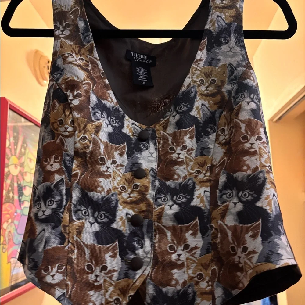 Cat Print Button-Up Vest - Picture 1 of 5